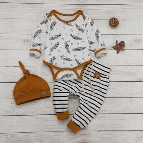 Pudcoco Newborn Baby Boy Girl Outfits Clothes Set Long Sleeve Tops Romper + Striped Pants + Hat 3pcs Outfits Set