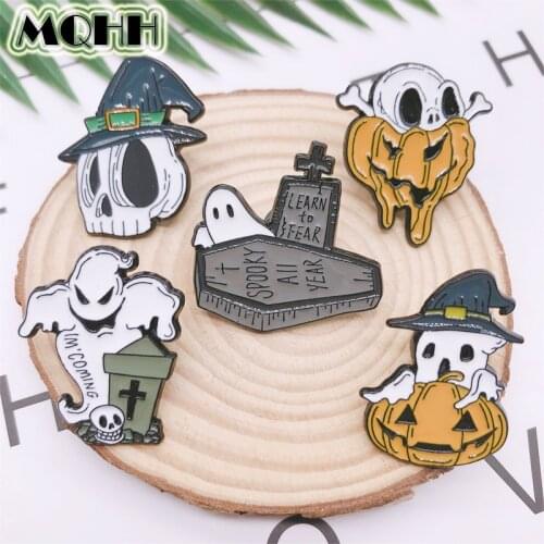 Cartoon Fun Halloween Ghost Pumpkin Skull Cross Tombstone Enamel Brooch Punk Alloy Badge Clothes Bag Brooch Woman Jewelry Gift