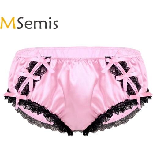 MSemis Mens Lingerie Shiny Wetlook Satin Bikini Briefs Underwear Sexy Sissy Bowknots Floral Lace Panties Homme Exotic Knickers