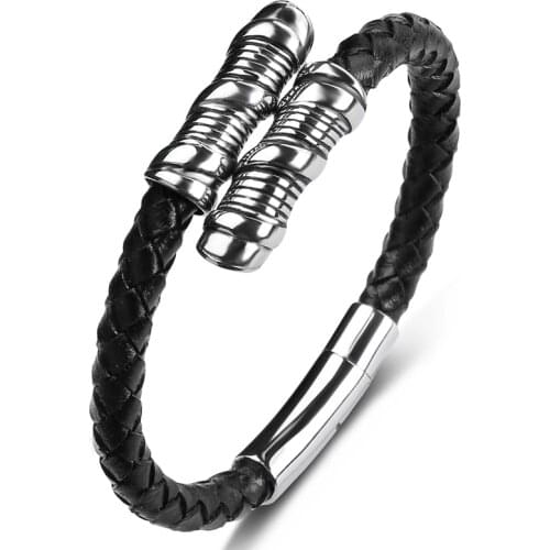 Fashion Stainless Steel Horseshoe Design Genuine Leather Braided Bracelet Men Charm Bangles Punk Rock Jewelry Male Boy Gift P630