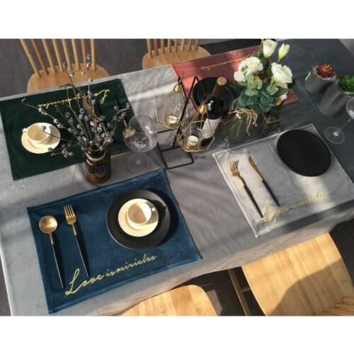 DUNXDECO Table Placemat Plate Cover Mat Party Desk Accessories Golden Words Embroidery Velvet Fabric Home Hotel Table Decoration