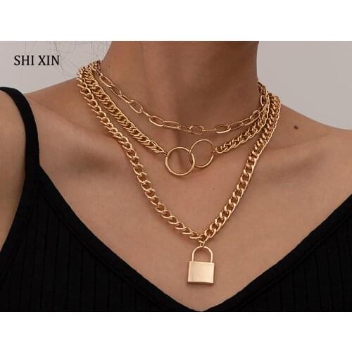 SHIXIN 3 Pce/Set Chunky Choker Colar Chain With Lock Pendant Necklace for Women Layered Fashion Padlock Necklace on Neck Jewelry