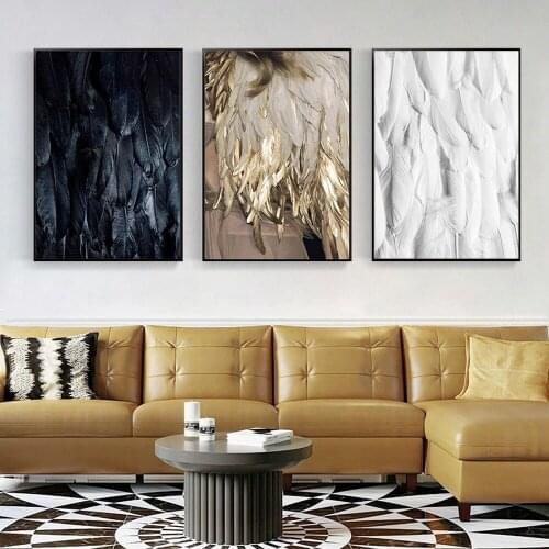Nordic Minimalist Creative Wings Canvas Painting Black and White Golden Feather Poster Living Room Wall Art Decor Pictures Mural