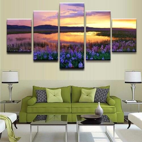 Modern Decor Canvas Painting Frame Living Room Wall Art 5 Pieces The Setting Sun Reflects The Flower Lake Print Modular Posters