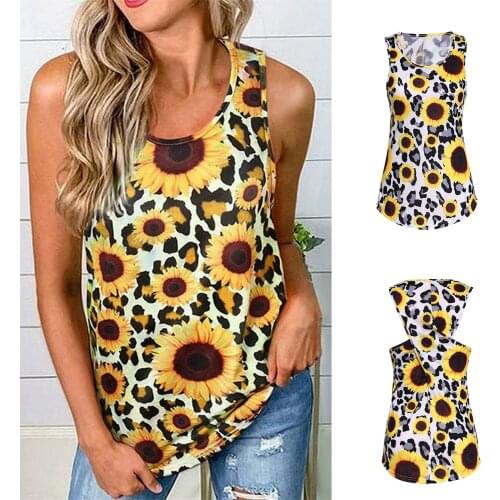Womens New U-Neck Leopard Print Sunflower Print Open Back Hollow Sleeveless Top