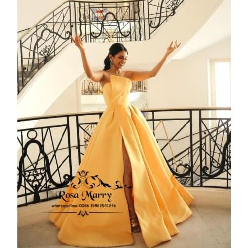 Yellow Plus Size Satin Prom Dresses Elegant Strapless High Split Women Formal Celebrity Evening Party Wears Vestido De Festa