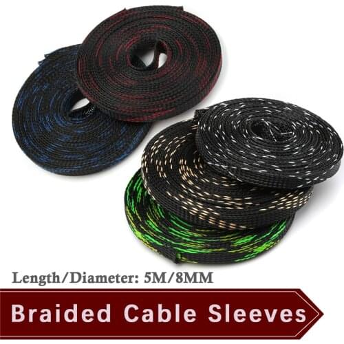 5 Colors Insulation Braided Sleeving 5M 8mm Tight PET Expandable Wire Cable Protecting PET Braided Cable Sleeve High Density Kit