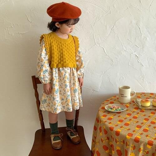 Kids Dress 2021 Long Sleeve Girls Enfant Princess Dresses And Knitted Vest Toddlers Spring Autumn Floral Clothes Suit