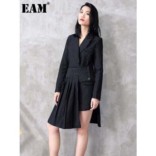 [EAM] 2021 New Spring Lapel Long Sleeve Black Striped Loose Half-body Irregular Skirt Two Piece Suit Women Fashion JC507