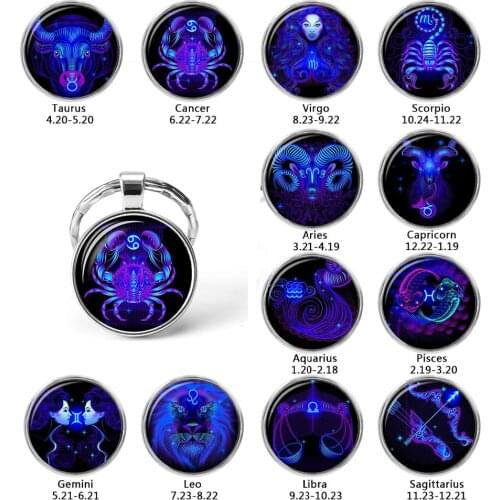 Hot Zodiac Sign Keychain 12 Constellation Leo Virgo Libra Pendant Key Chains Glass Cabochon Silver Plated Pendant Key Rings