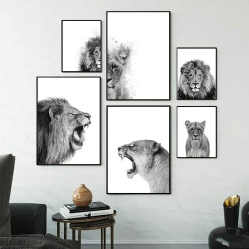 Lion and Lioness Animal Canvas Print Black White Abstract Watercolor Painting Poster Nursery Wall Art Pictures Living Room Decor