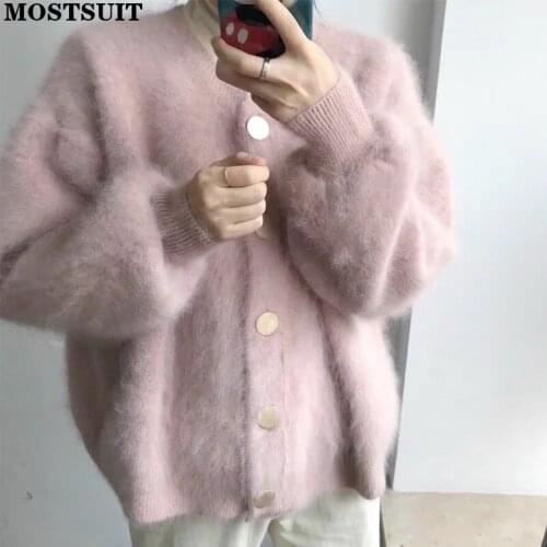 Solid Loose Knitted Cardigan Jacket Women Autumn Winter Thicken Warm Single Breasted Full Sleeve Sweater Jumpers Elegant Tops