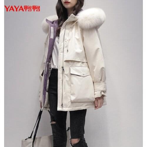 YAYA 2021 Womens Winter White Duck Down Jacket Thick Real Fur Collar Medium length Warm Overcoat Hood Windbreak Outerwear