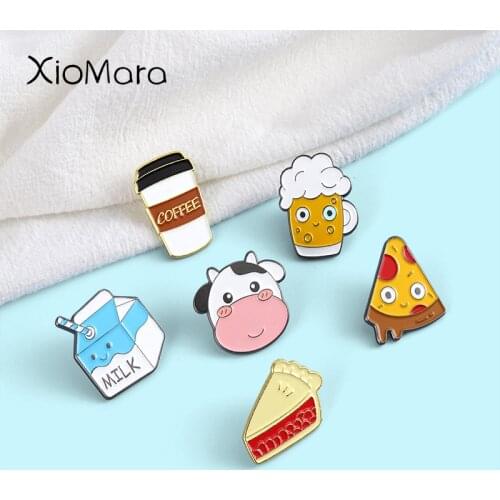 Cartoon Food Enamel Pins Kawaii Milk Coffee Beer Cow Sandwich Pizza Brooches Backpack Badges Gifts For Women Men Custom Jewely