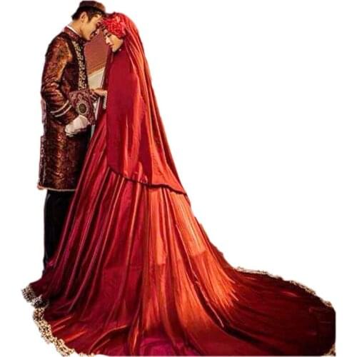 Muslim Wedding Dress Satin for Man and Women Sets Long Sleeve Red Islamic Muslim Goods Arabic Wedding Dress