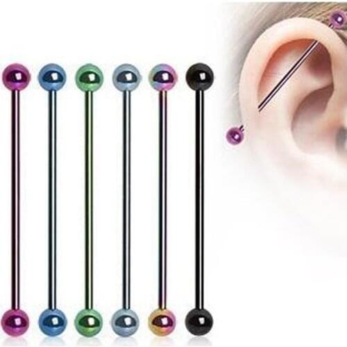 1 Piece 2016 New Surgical Stainless Steel 1.6*38*6mm Ball 14G Long Industrial Barbell Neon Candy Color Body Ear Piercing Jewelry