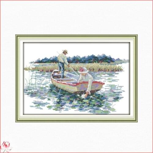 Couple Rowing Boat Picking Lotus Cross Stitch Kit 14CT 11CT Chinese Embroidery Kit Needlework Set Home Decoration Painting Gift