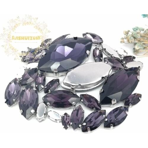 Popular!! MIX Deep Purple Horse eye Size Crystal Glass Sew-on Rhinestones Silver Bottom DIY Womens Dresses and shoes 30pcs