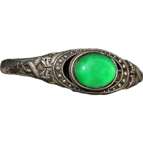 Chinese Old Craft Made Green Jade Inlaid Old Tibetan Silver Bracelet