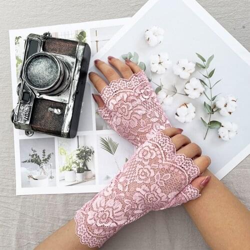 Sexy Daily Stretch Lace White Glove Short Bridal Gloves Pink Navy Women Dance Party Wedding Gloves Half-Finger Guantes Boda