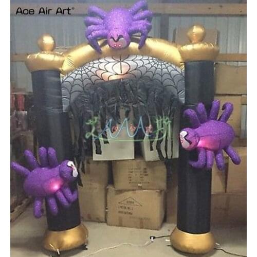 Scary led arch inflatable Halloween archway entrance door with three lighting spiders and web for yard decoration