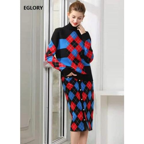 Turtleneck Sweater Sets 2020 Autumn Winter Knitted Set Women Geometric Patterns Knitting Pullovers+Beading Button Midi Skirt Set