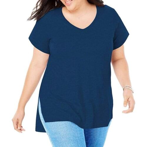 Plus Size Womens Tee Shirts Casual Top Female Solid Color Shirt V-neck Short Sleeve Loose Slit Shirt Ladies Clothing L-5XL