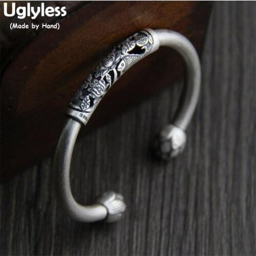 Uglyless Real S990 Fine Silver Women Ethnic Hollow Fish Patterns Thick Bangles Engraved Lotus Flower Opening Bangle Retro Bijoux