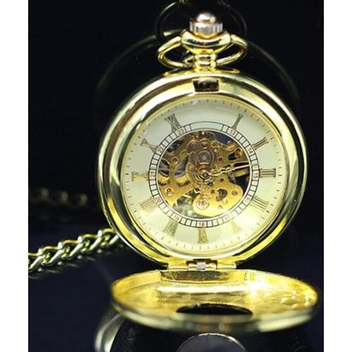 Unisex Vintage Necklace Pocket Fob Watch Women Men Hollow Carved Roman Numerals Case Mechanical Pocket Watch Chains Gift