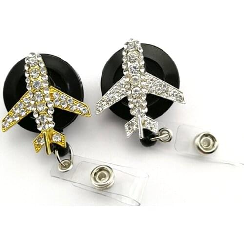 20pcs/lot Rhinestone Airplane Shape Medical Retractable Badge Holder Crystal Plane Aircraft Pull Badge Reel Holder