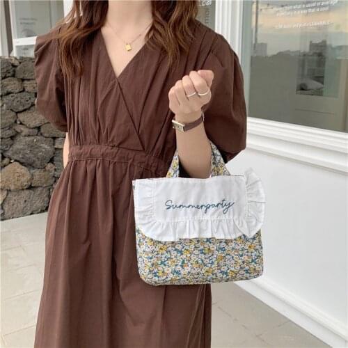 Sweet Ruffled Lunch Bag Korean Floral Lunch Box Bag Cotton Fabric Women Small Tote Kids School Lunch Bags Picnic Food Storage
