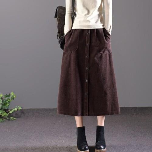Women Corduroy A-line Skirt 2020 Autumn Winter Korean Style Chic Retro Slim Fit Single Breated Mid Length Skirt Casual Vestidos