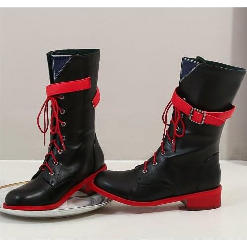 2020 Winter Chic Shoes Women Lace Up Cuban Low Heels Riding Boots Female High Top Round Toe Platform Oxfords Shoes Casual Shoes