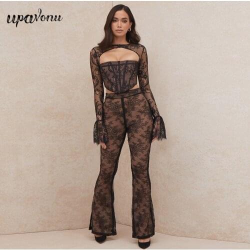 Free Shipping 2021 New Womens Lace Patchwork Bandage Pants Set Sexy Hollow Backless Tights & Flared Pants Party Two-piece Set