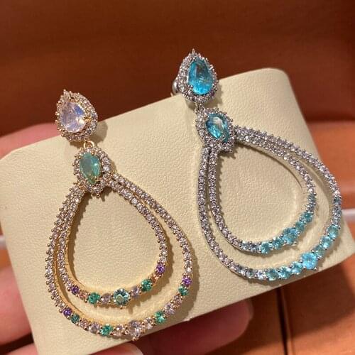 Pendant Oval Tassel Earrings Drop High Quality Cubic Blue Crystal Zircon Fashion Trendy For Women Jewelry Wedding Party