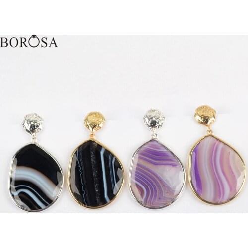 BOROSA 5Pairs New Gold/Silver Color Bezel Natural Onyx Agates Dangle Earring Black Purple Agates Slice Earrings Jewelry WX1177
