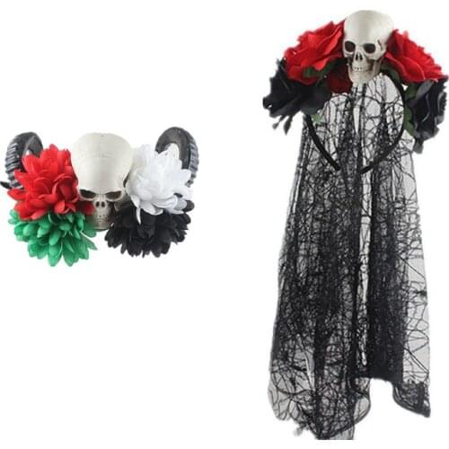 Women Halloween Artificial Rose Flower Skull Face Headband with Black Lace Veil Mexican Day of The Dead Crown Cosplay Hair Hoop
