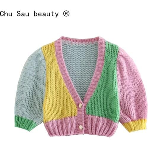 Y2K New Fashion Autumn Winter Vintage Stitching Color Knitted Cardigan V-Neck Puff Sleeve Short-Sleeved Sweater Women Crop Top