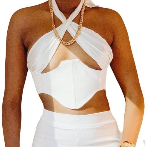 Summer Women Cross Halter Crop Tank Tops Solid Color Cut Out Sleeveless Open Back Patchwork Rave Club Clothes