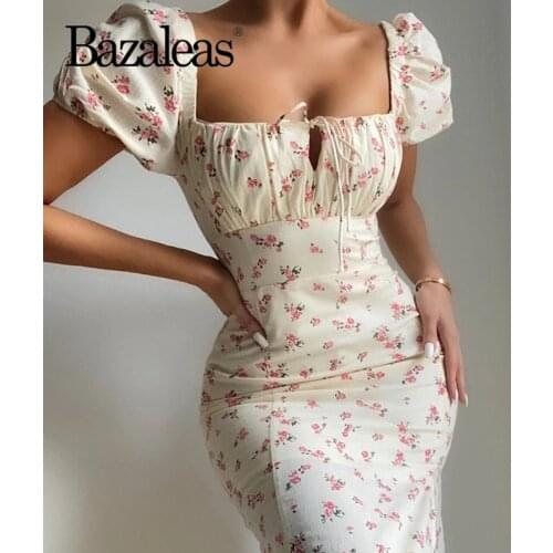 Bazaleas Sexy Square Collar Women Midi Dress Vintage Side Split Summer Dress Slim Center Bandage Vestidos