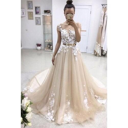 Champagne A Line Wedding Dresses 2021 Robe De Mariage Applique Lace Wedding Gowns Sheer Cap Sleeve Custom Made Bridal Dress