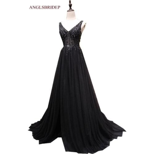 Charming V-Neck Black Prom Dresses Party Gowns Tulle Beading Corset Side Split Vestidos De Festa Formal Women Pageant Dresses