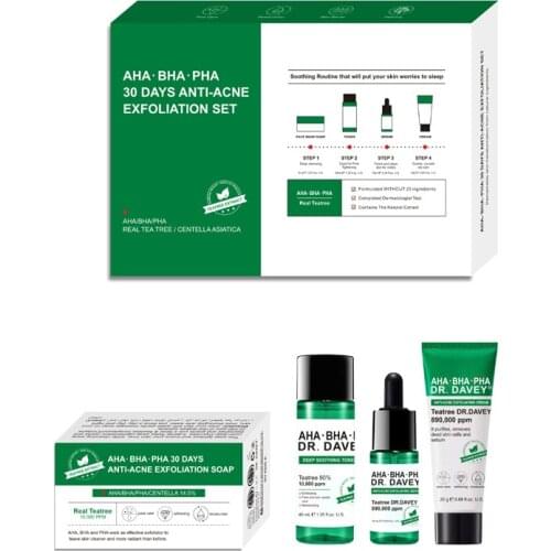 4Pcs AHA BHA PHA 30Days Miracle Starter Kit Tea Tree Cream + Soap + Toner + Serum Face Care Set Anti-acne Exfoliating Whitening