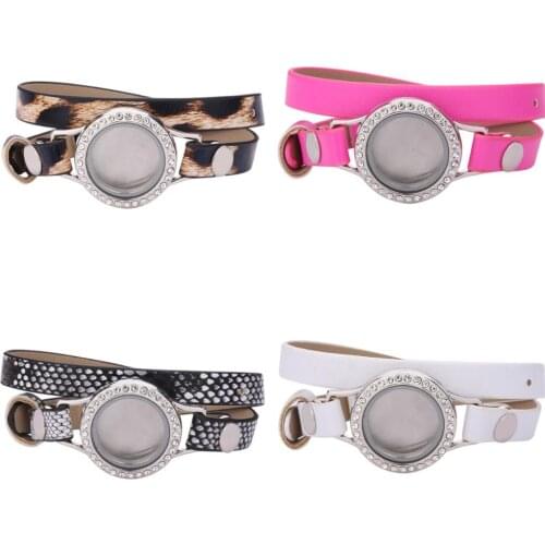 5pcs/lot 30mm Floating Glass+Steel Locket Double Wrap PU Leather Bracelets Wristband With 50pcs Random Charms Christmas gifts