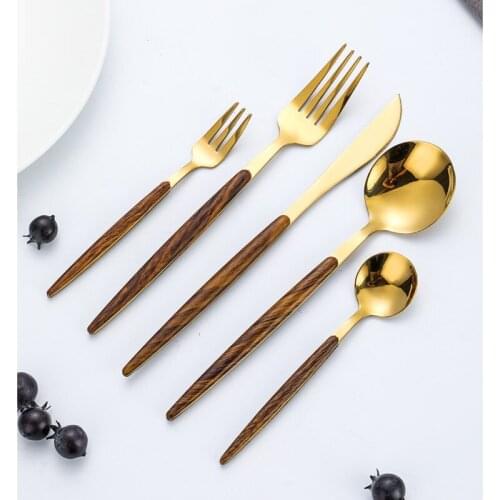 5Pcs Glossy Wood Silver Cutlery Dinnerware Set Stainless Steel Tableware Set Western Food Steak Knife Fork Teaspoon Cutlery Sets