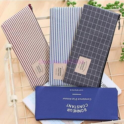 500pcs/lot Brief Style Grid Stripes Canvas Pencil Bag Stationery Storage Pencil Case School Gift Stationery Supply