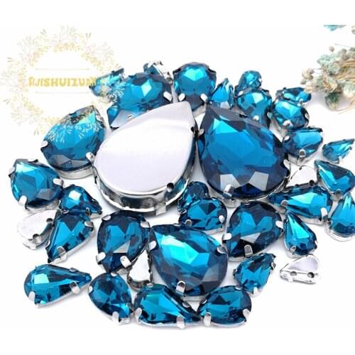 8 SIZES 35PCS Free shipping! Peacock blue Water drop shape Glass Crystal sew on rhinestones with calw Diy wedding decoration