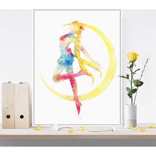 HAOCHU Watercolor Japan Animation Wall Poster Magic Girl Sailor Art Prints Canvas Painting Cartoon Picture for Girls Room Decor