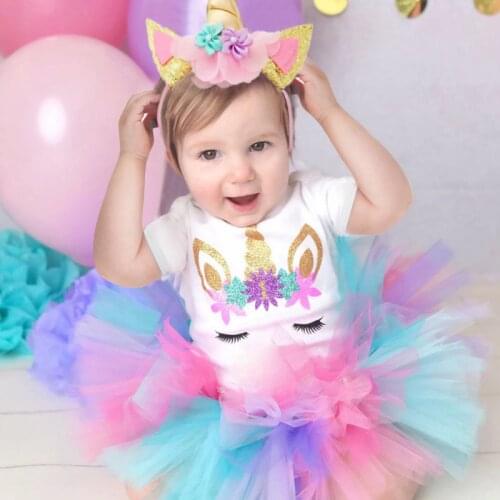 2020 New Unicorn Boutique Girls Clothing 1st Birthday Party Baby Girl Clothes Infant Girls Christening Gown Size 0-12 Months