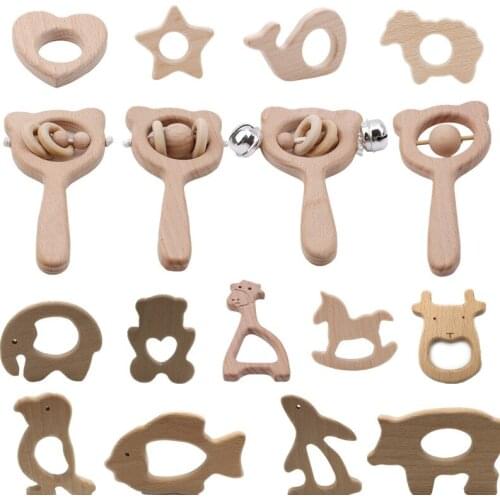 Baby Toys Wooden Rattle Beech Bear Hand Teething Wooden Ring Can Chew Beads Baby Rattles Play Gym Montessori Stroller Toys